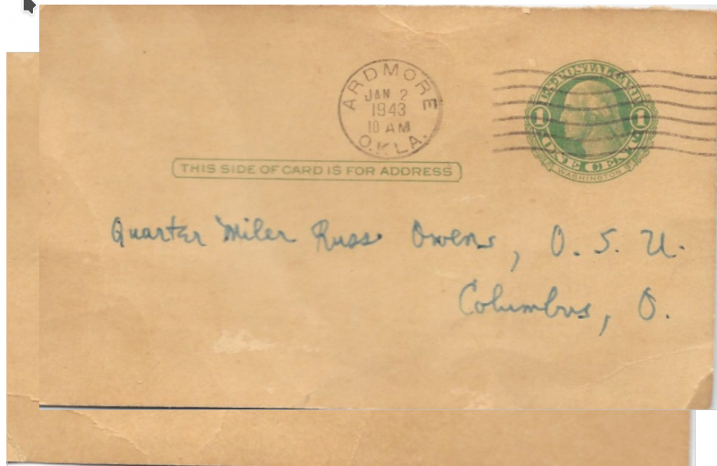 Postcard Delivered to Russ Owen      Following his 1st place finished at the Sugar Bowl Track Meet, January 1, 1943